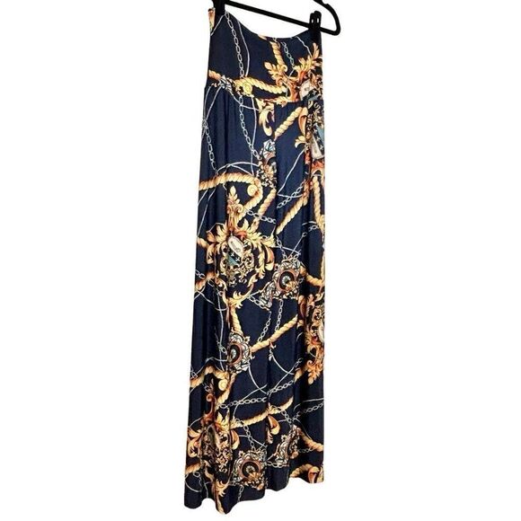 Fashion Nova Printed Soft Stretch Palazzo Wide Leg Pull-On Pants Navy Gold Small - Picture 5 of 5
